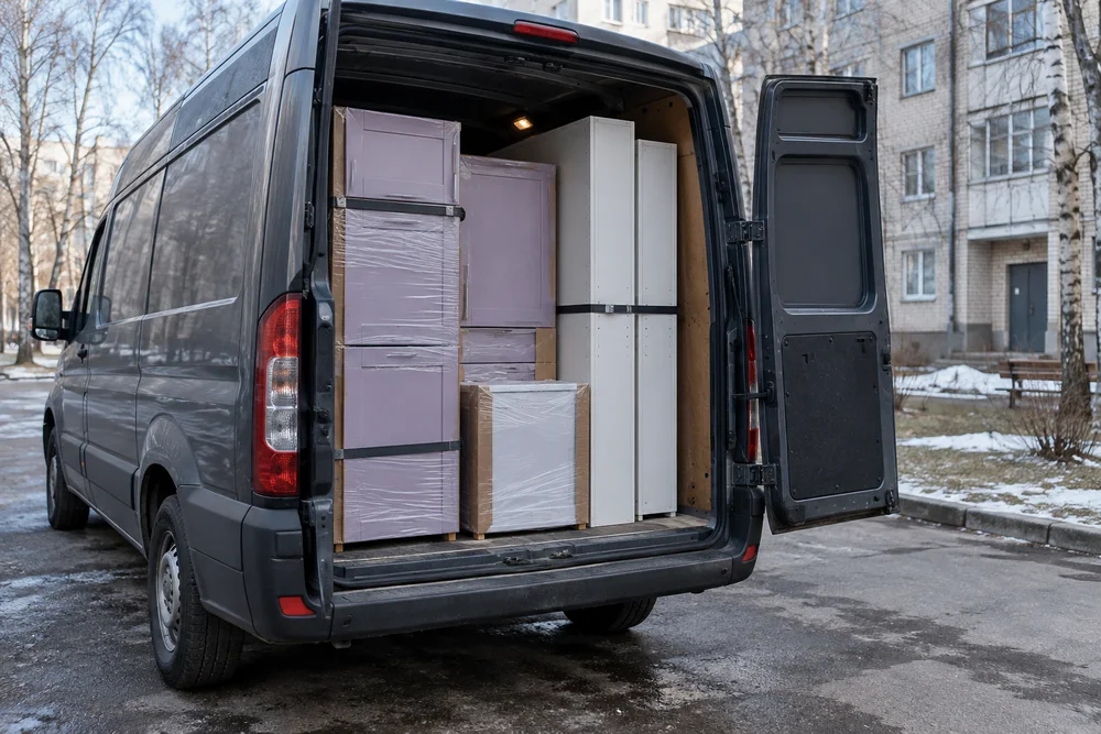 Иллюстрация доставки упакованной мебели