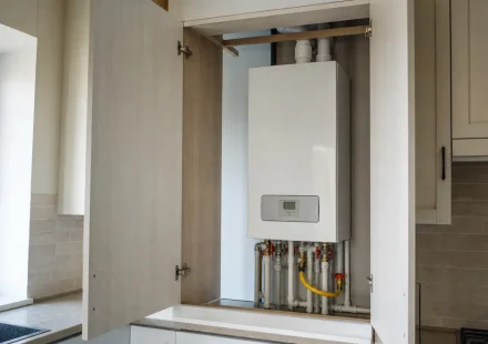 Газовый котел в открытом кухонном шкафу без глухой задней стенки
