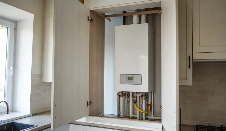 Газовый котел в открытом кухонном шкафу без глухой задней стенки