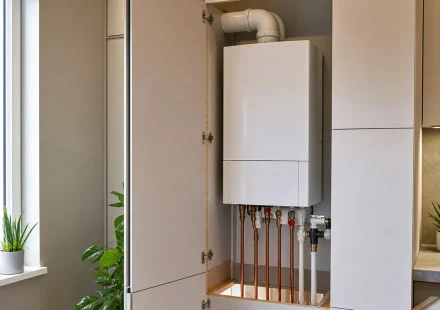Газовый котел в кухонном шкафу с доступом к трубам и вентиляцией