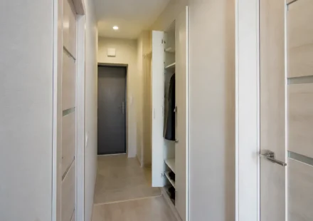 Узкая прихожая с неглубоким распашным шкафом