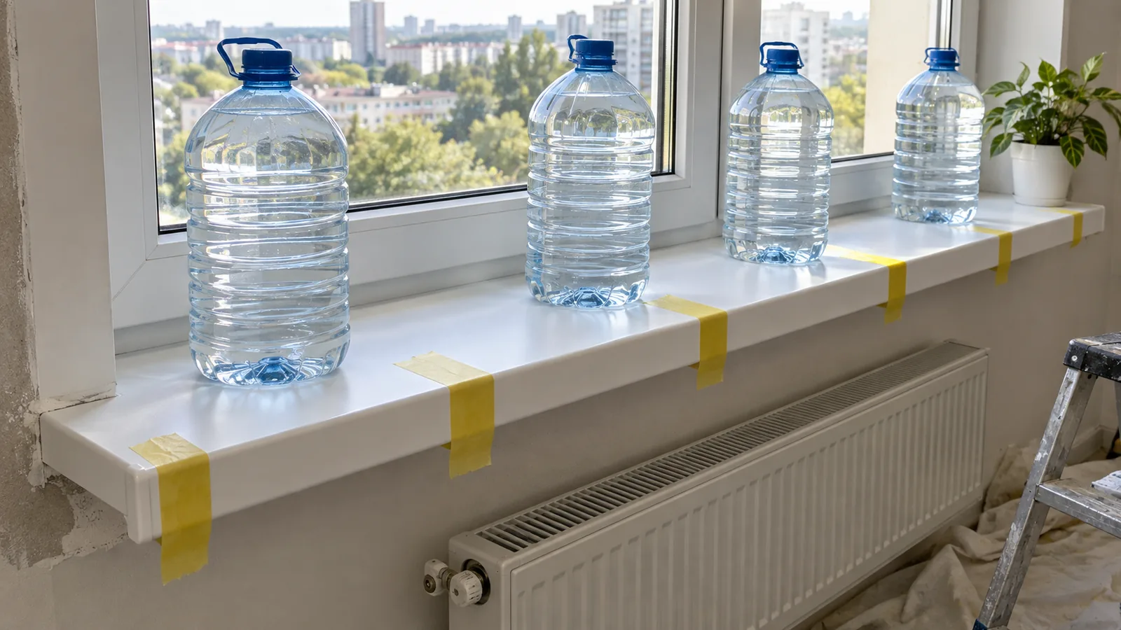 Фиксация приклеенной ПВХ-накладки малярным скотчем и грузом из бутылок с водой.
