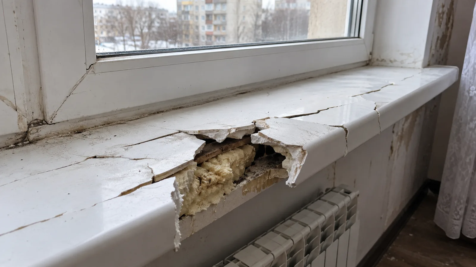 Сильно поврежденный пластиковый подоконник с проломами, требующий полной замены.