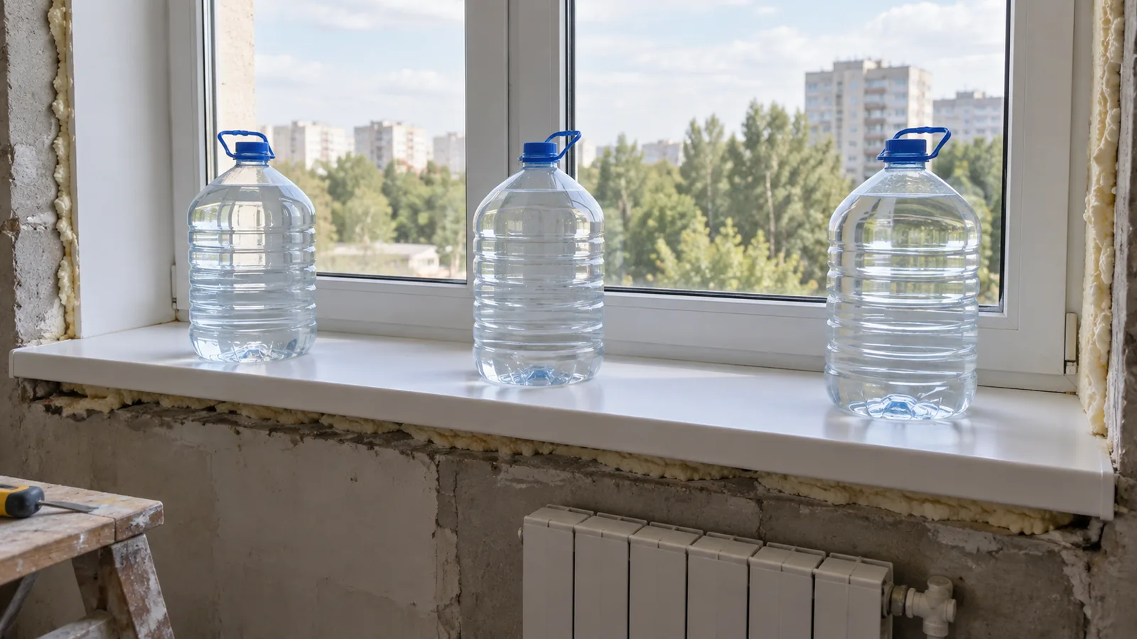 Фиксация установленного подоконника бутылками с водой для защиты от вторичного расширения пены.