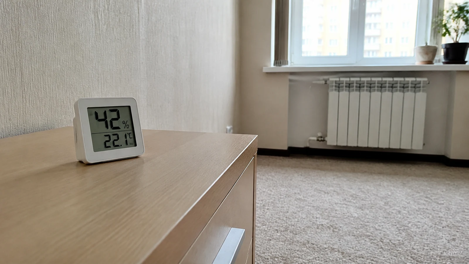Бытовой гигрометр рядом с коротковорсовым ковролином в комнате