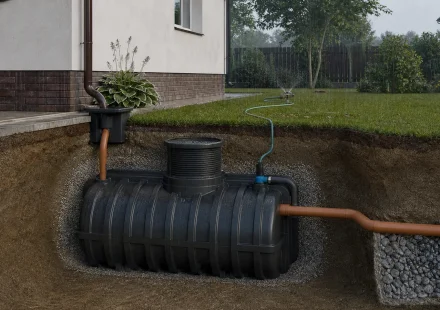 Дождевая вода с крыши поступает в подземную накопительную ёмкость с контролируемым переливом