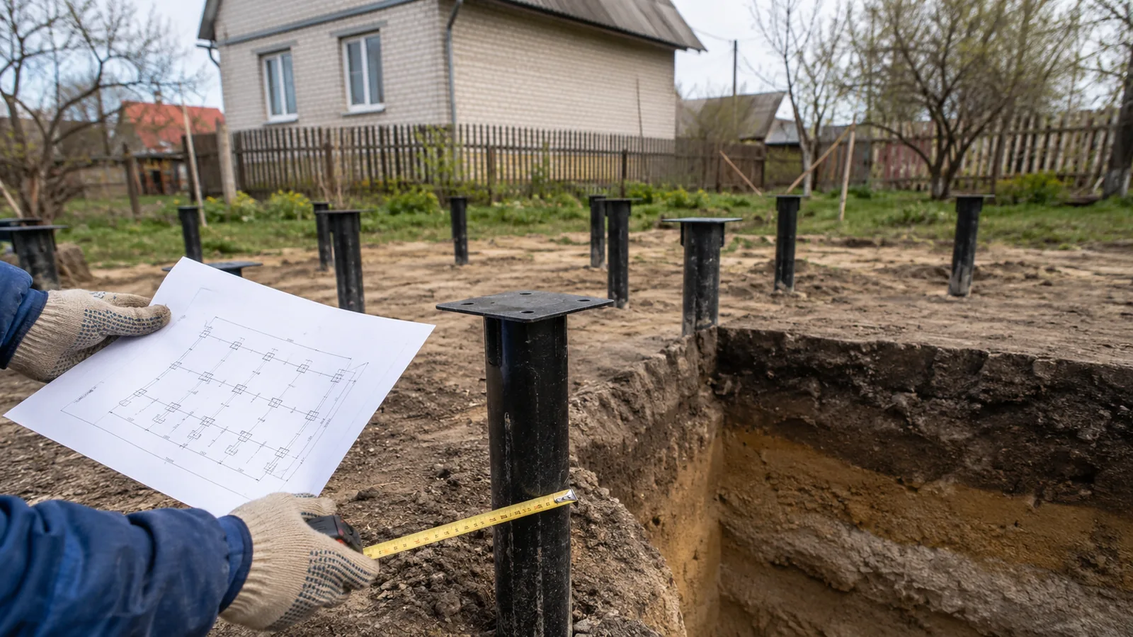 Разметка винтовых свай по плану металлического каркаса террасы